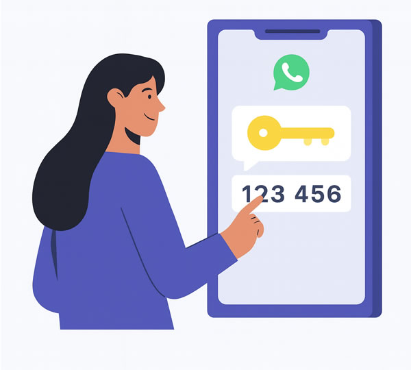 Mujer sonriendo al usar el smartphone para activar WhatsApp con un número virtual.